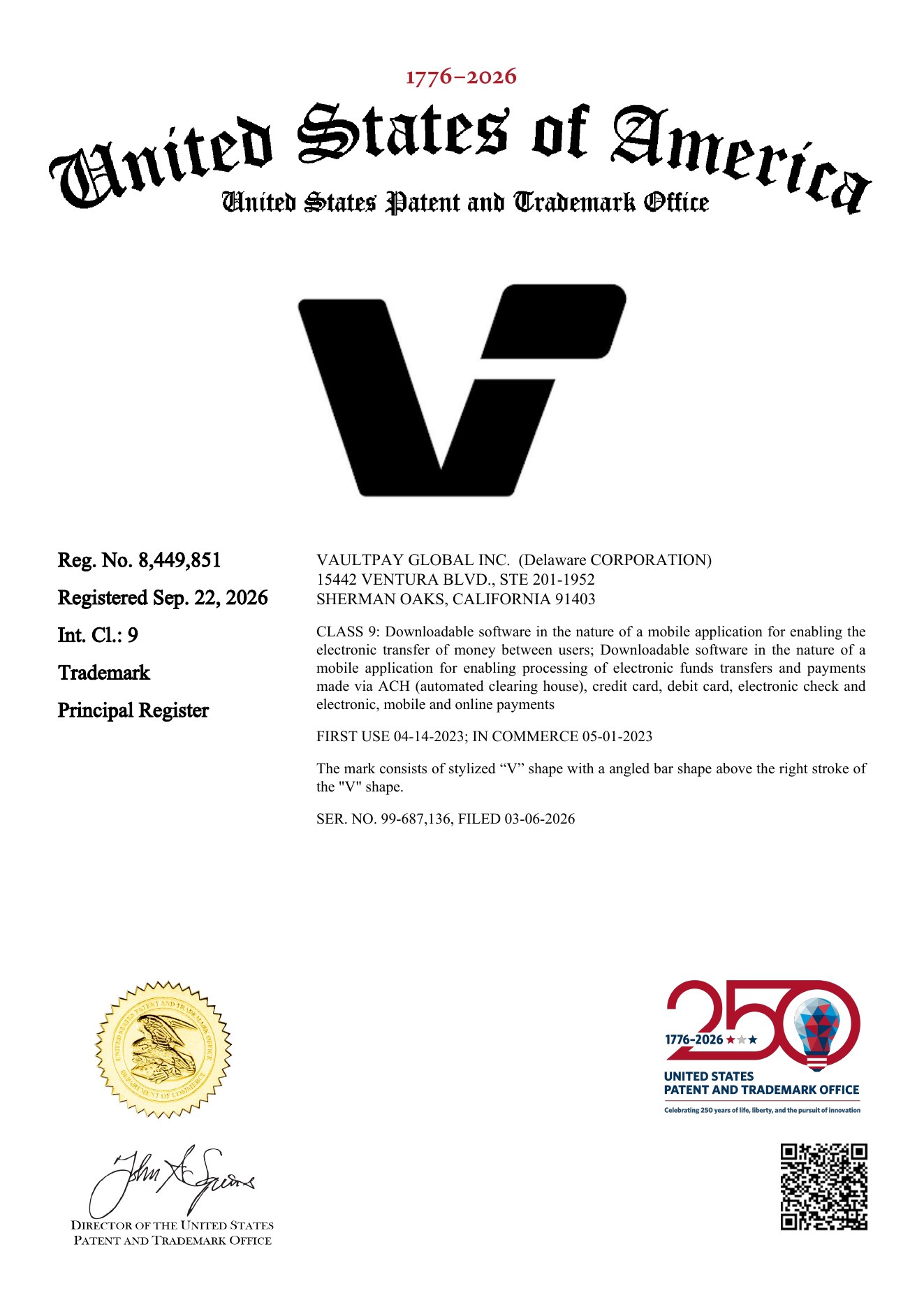 USPTO registration certificate, Reg. No. 8,449,851